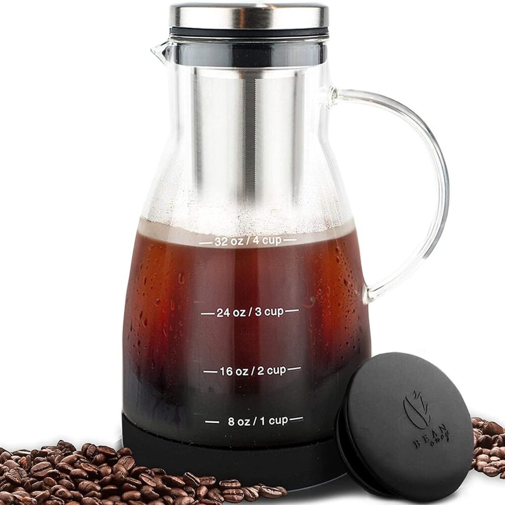 Glass Coffee Cold Brew Maker and Pitcher w/Stainless Steel Filter Silicone Cap